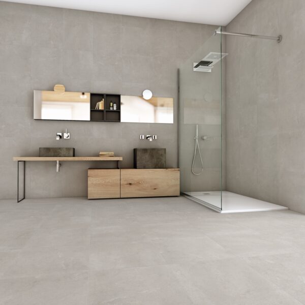 Badkamer met London Pearl tegel 60x60 op wand en vloer